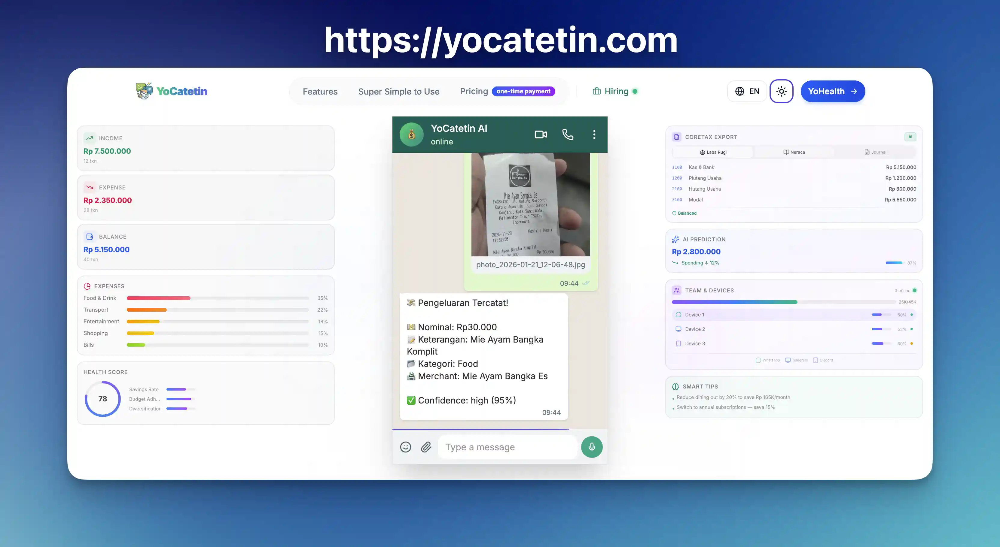 YoCateTin expense tracking dashboard and chat interface